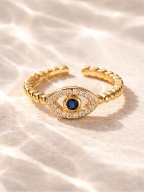 Gold tone Evil Eye Ring with Blue Center - Women's Jewelry